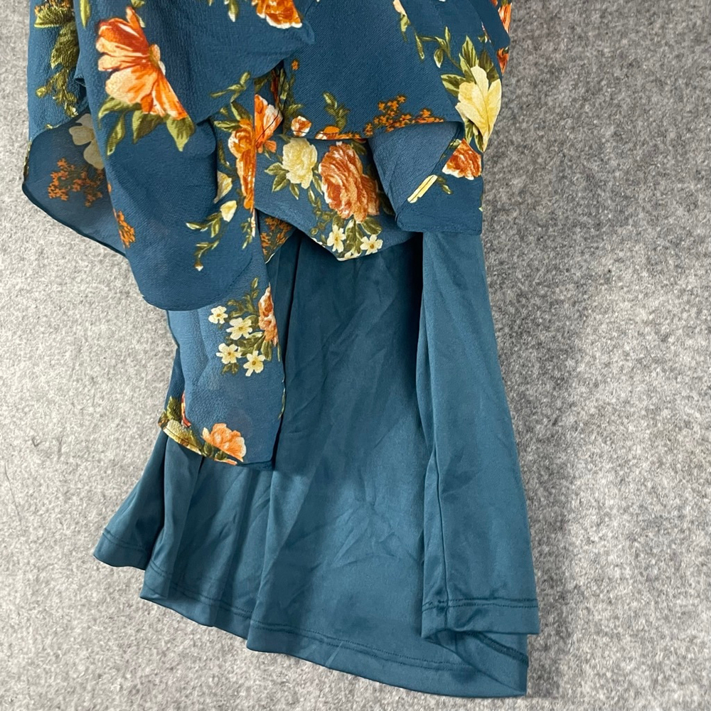 By & By NWT Women’s Floral High-Low Maxi Dress Teal Cold Shoulder Boho Ruffle XS - Picture 10 of 12